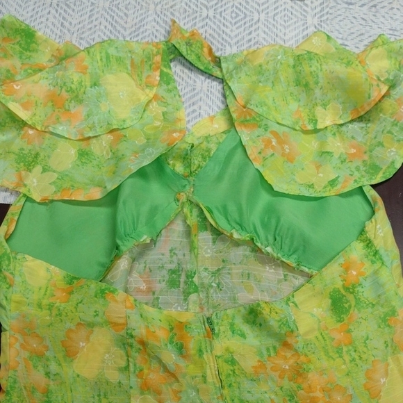 Made In House, Floral Vintage Vibrant Long Sleeve Dress in Green and Orange - Picture 9 of 16